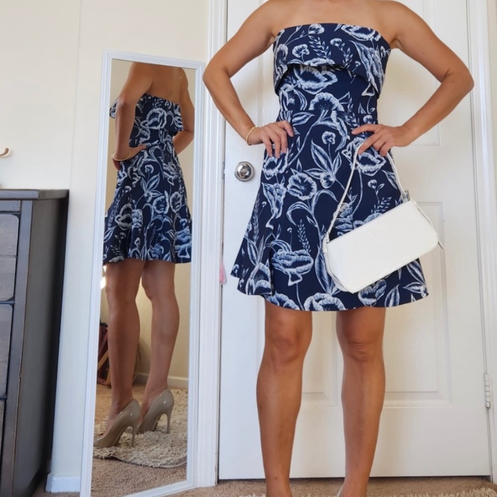 C/Meo Collective Women's Blue Strapless Floral Mini Dress